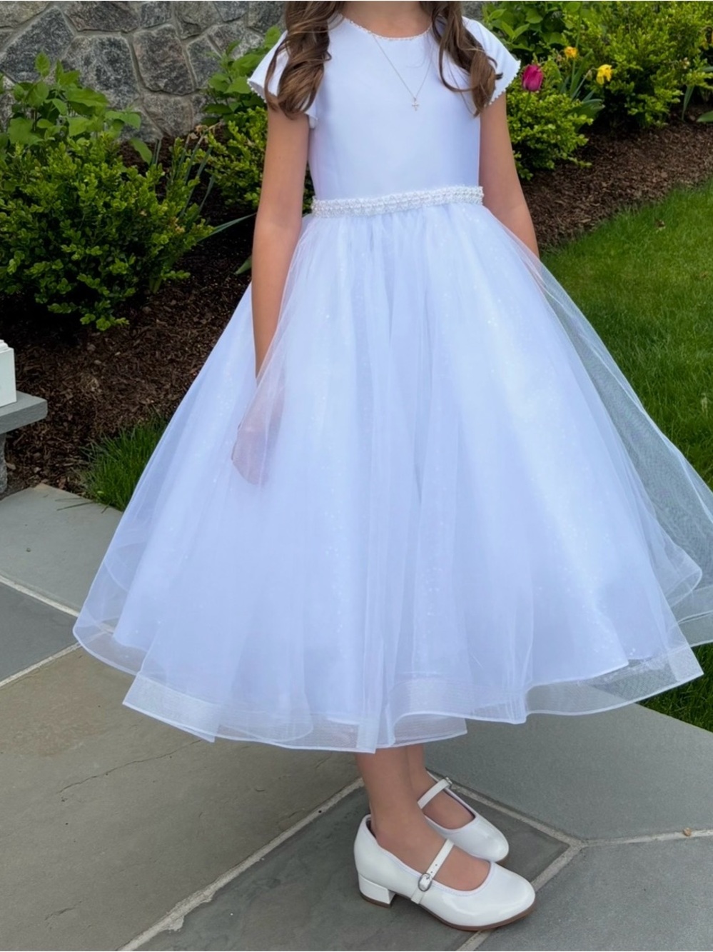 Girls White Tulle Communion or Flower Girl Dress with Beaded Waist